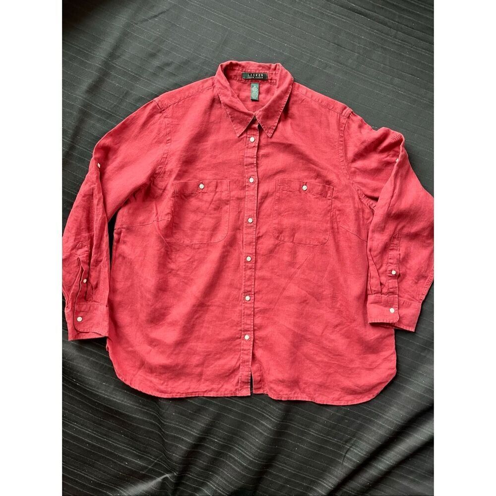 Lauren Ralph Lauren Redish Linen Button-Up Shirt 2X Embroidered Logo, Pockets